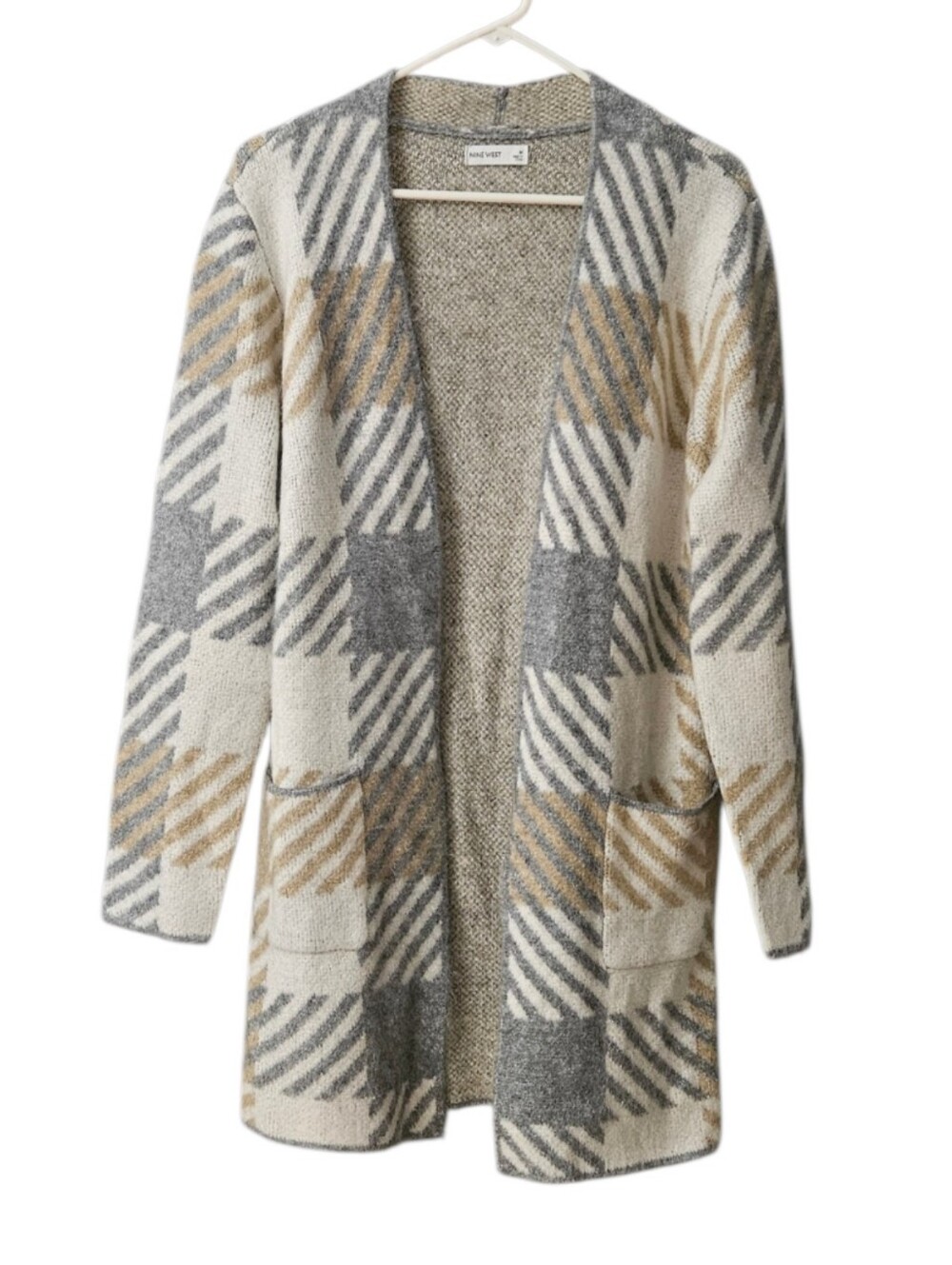 Nine West Open Front Cardigan Sweater NEW Women's Medium Cream Gray Tan